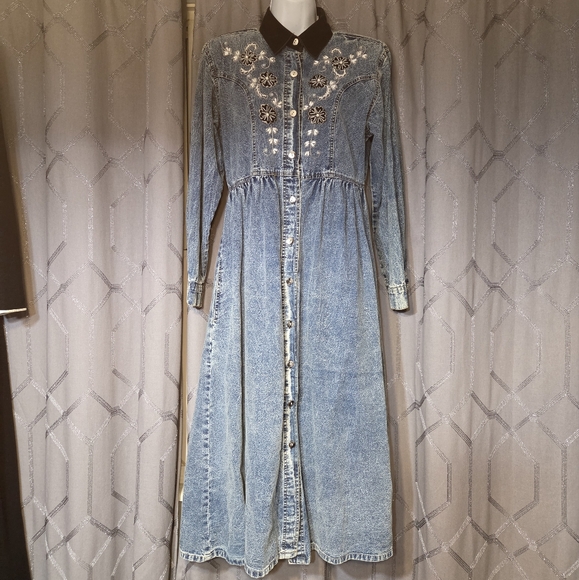 Vintage Dresses & Skirts - Vintage 80s Jane Ashley Denim Beaded Shirt Dress M